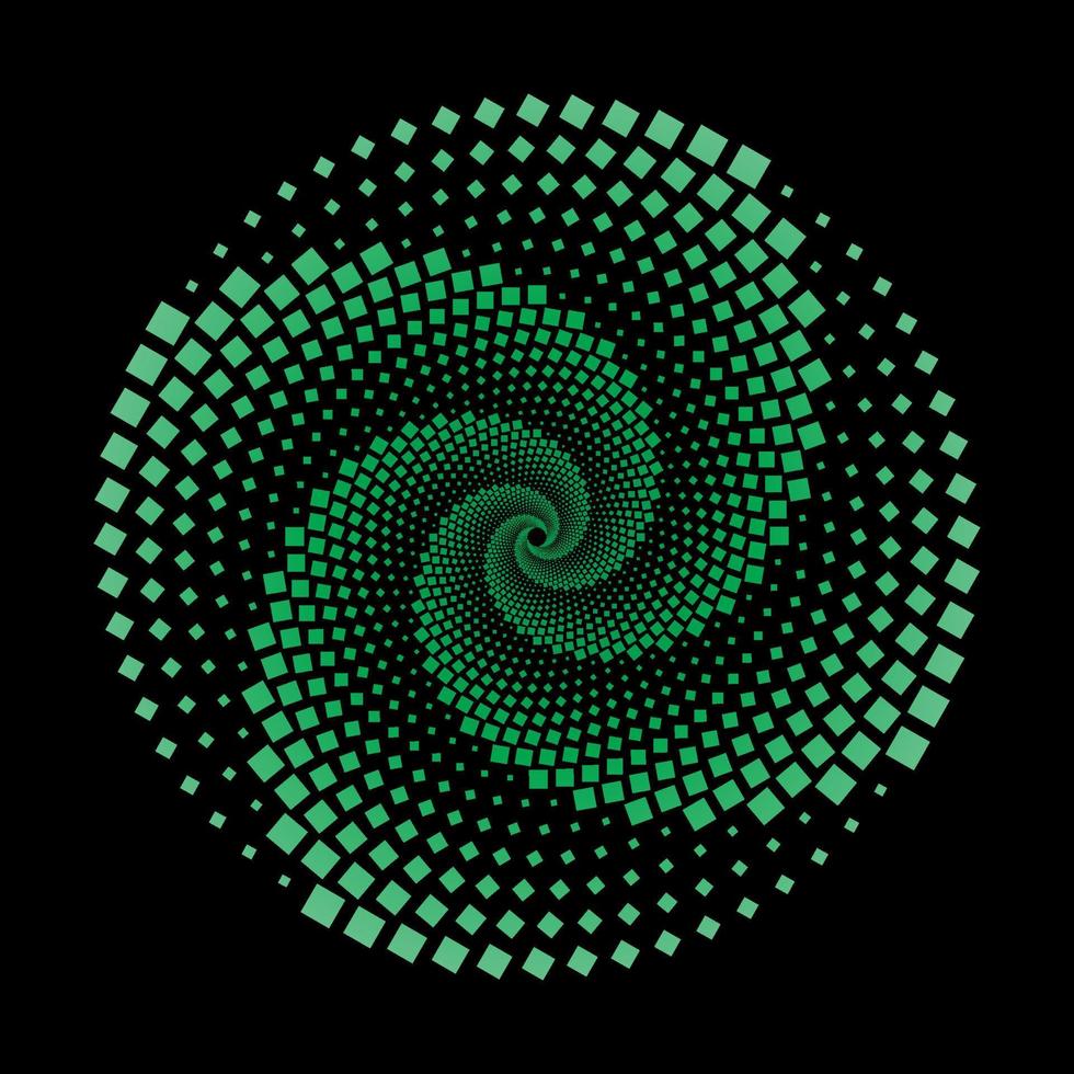 grön lutning prickad fyrkant spiral virvel cirkel. vektor illustration av 3d fyrkantig prickar virvla runt mönster prickar design. kvadrater partikel tornado logotyp mall.