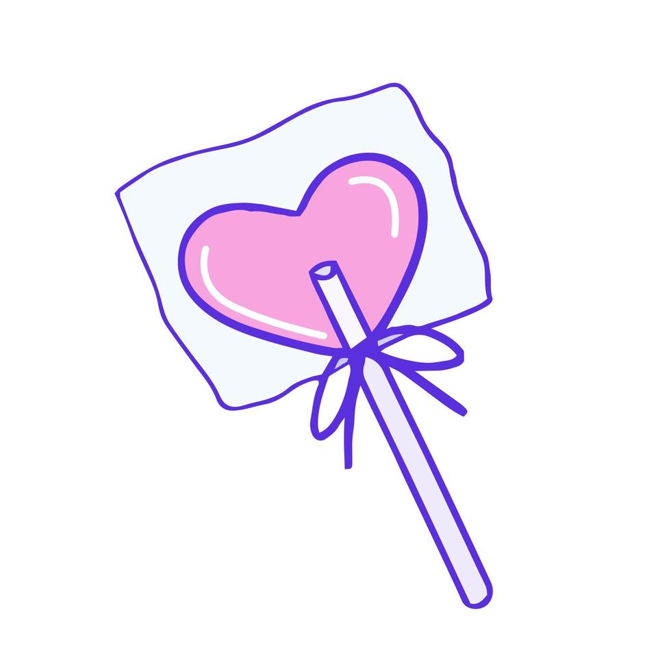 hand dragen söt rosa hjärta klubba, tecknad serie flickaktigt hjärta godis på pinne vektor