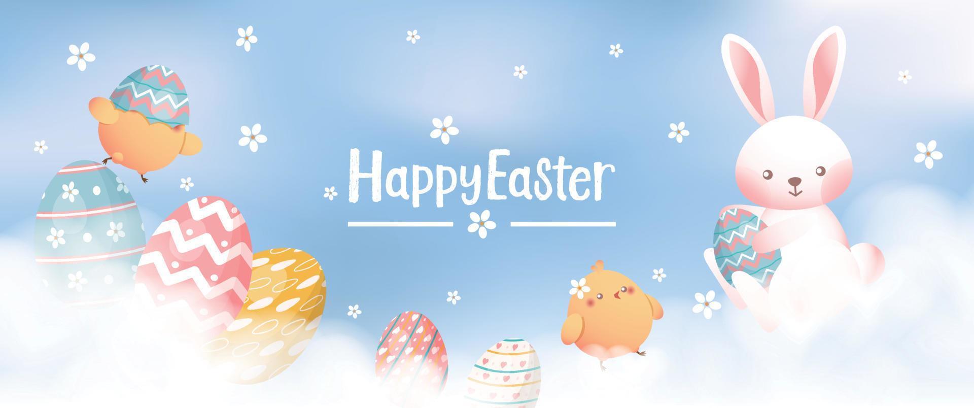 glücklich Ostern Karte, Banner, Hintergrund mit Hase, Küken und Eier im das Wolken, Pastell- Farben vektor