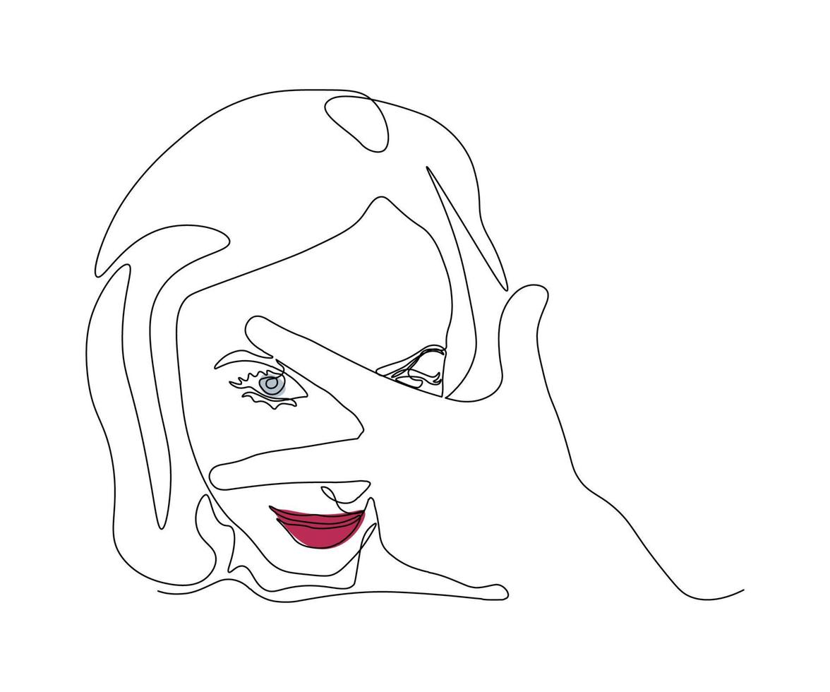 porträtt av en flicka vem lekfullt utseende genom två fingrar på henne hand, en kokett. ritad för hand, kontinuerlig mono linje, ett linje konst vektor