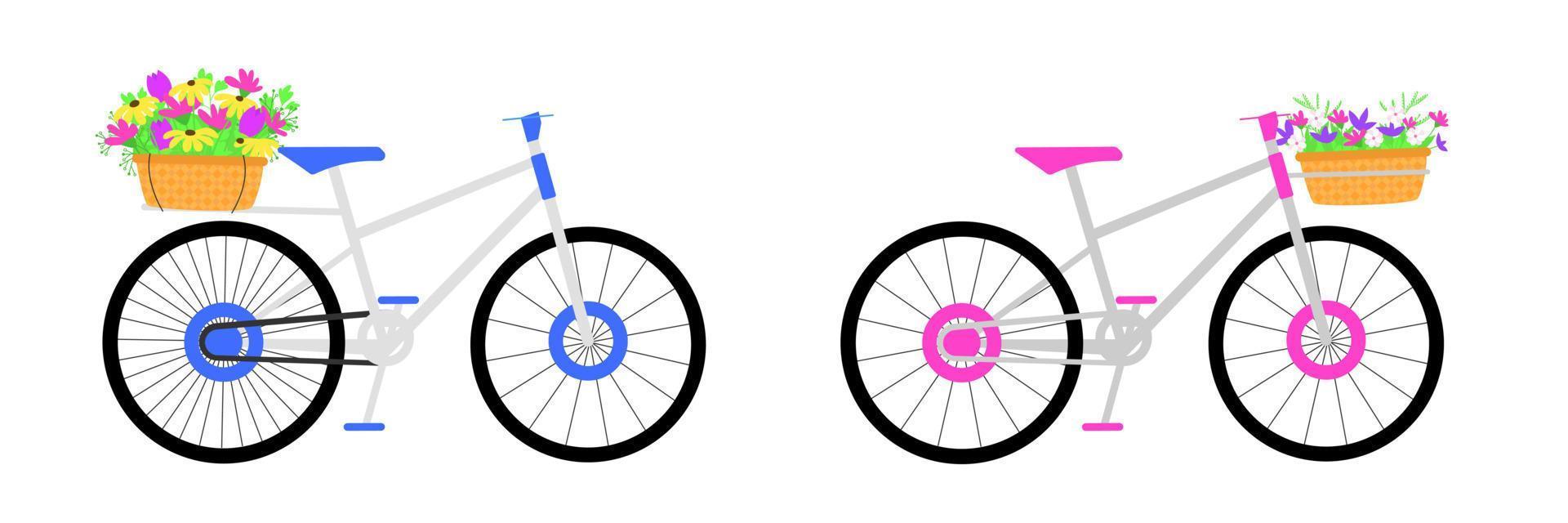 zwei Fahrrad mit Körbe von Blumen. Vektor Illustration.