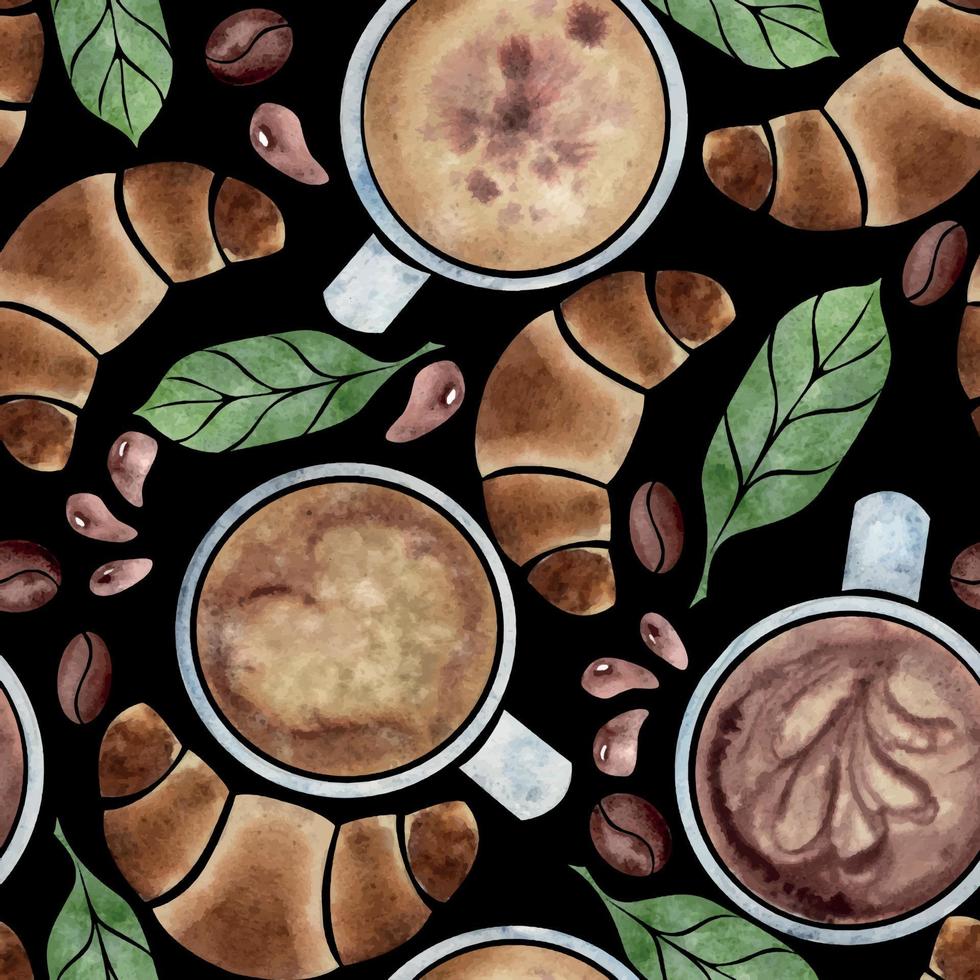 Aquarell Hand gezeichnet nahtlos Muster mit Capuccino Kaffee Tassen, Bohnen, Blätter, Tropfen, Croissant. isoliert auf dunkel Hintergrund. zum Einladungen, Cafe, Restaurant Essen Speisekarte, drucken, Webseite, Karten vektor