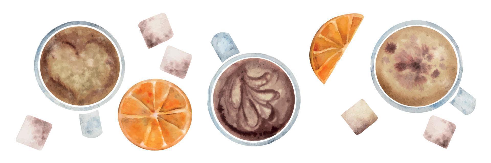 Aquarell Hand gezeichnet Komposition mit Capuccino Porzellan und Gold Kaffee Tassen, Zimt, orange. isoliert auf Weiß Hintergrund. zum Einladungen, Cafe, Restaurant Essen Speisekarte, drucken, Webseite, Karten vektor