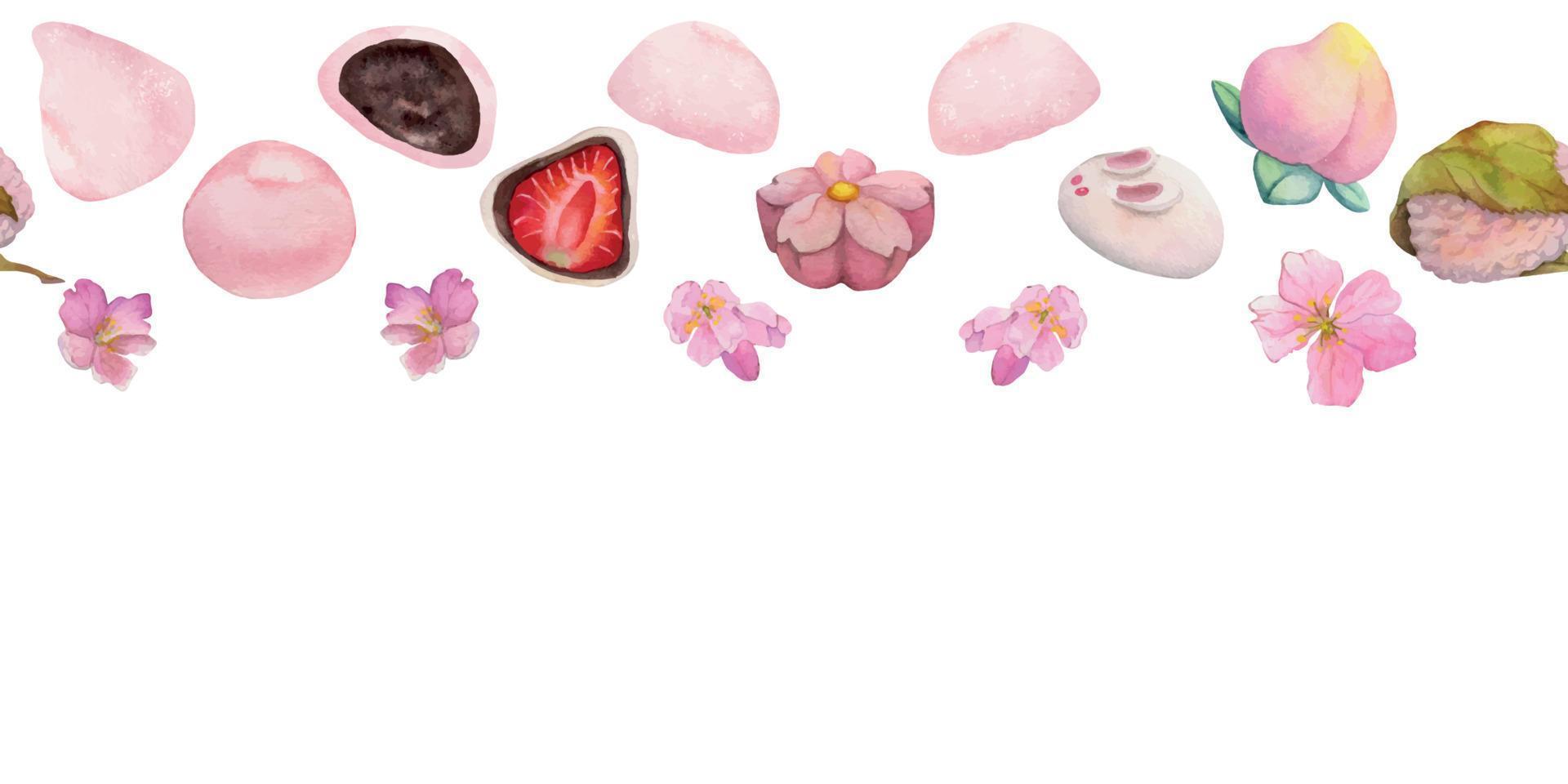 vattenfärg hand dragen traditionell japansk sötsaker. sömlös gräns av vår wagashi, sakura blommor. isolerat på vit bakgrund. för inbjudningar, restaurang meny, hälsning kort, skriva ut, textil- vektor