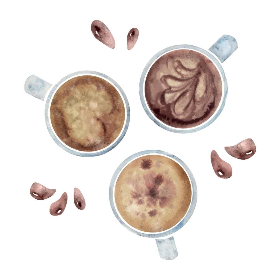 aquarell handgezeichnete komposition mit capuccino porzellan stilisierten kaffeetassen und schaumkunst, draufsicht. isoliert auf weißem Hintergrund. für einladungen, café, restaurantmenü, druck, website, karten vektor