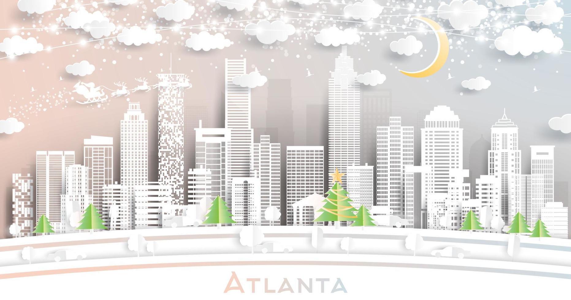 Atlanta Georgia Stadt Horizont im Papier Schnitt Stil mit Schneeflocken, Mond und Neon- Girlande. vektor