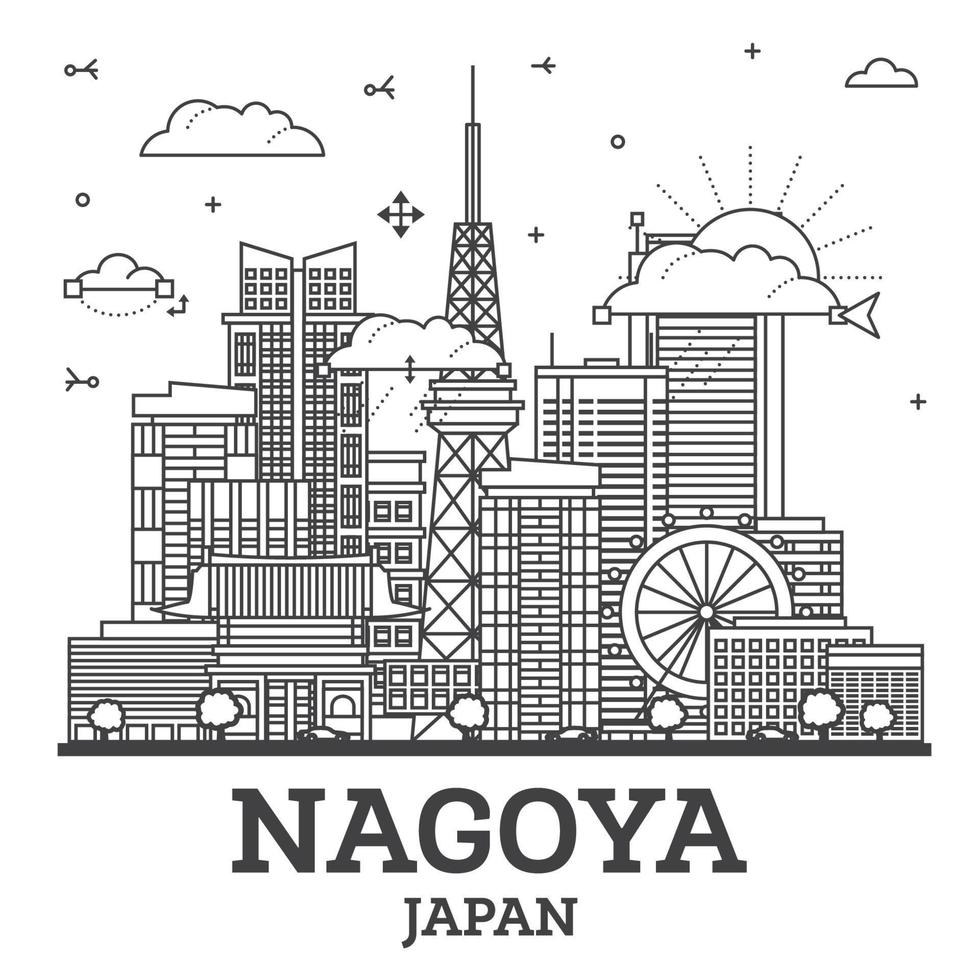 Gliederung Nagoya Japan Stadt Horizont mit modern Gebäude isoliert auf Weiß. Nagoya Stadtbild mit Sehenswürdigkeiten. vektor