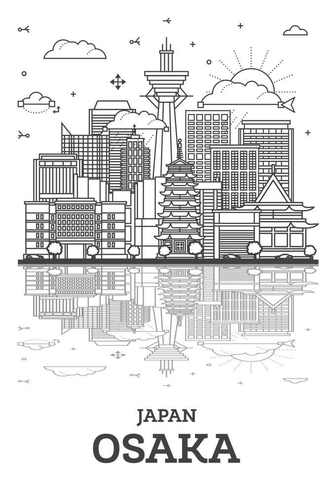 Gliederung Osaka Japan Stadt Horizont mit modern Gebäude und Reflexionen isoliert auf Weiß. Osaka Stadtbild mit Sehenswürdigkeiten. vektor