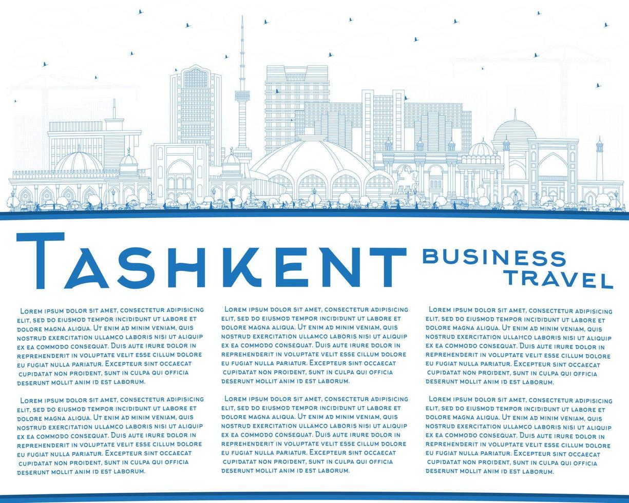 översikt Tasjkent uzbekistan stad horisont med blå byggnader och kopia Plats. vektor illustration. Tasjkent stadsbild med landmärken.