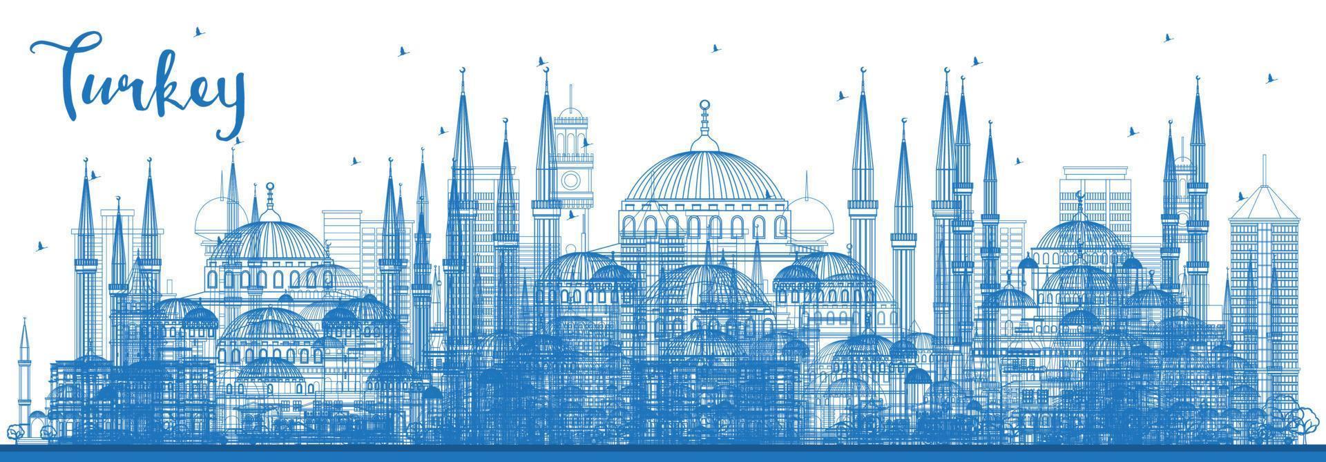 Gliederung Truthahn Stadt Horizont mit Blau Gebäude. Vektor Illustration. Tourismus Konzept mit historisch die Architektur.