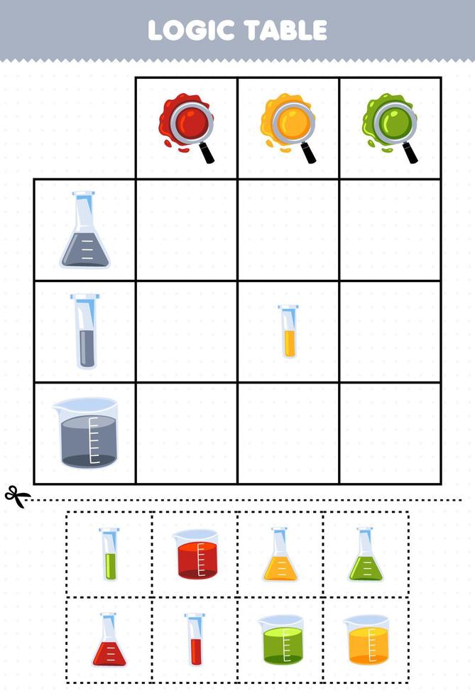 Bildung Spiel zum Kinder Logik Tabelle Karikatur Flasche Becherglas und Prüfung Tube Spiel mit richtig Farbe druckbar Werkzeug Arbeitsblatt vektor