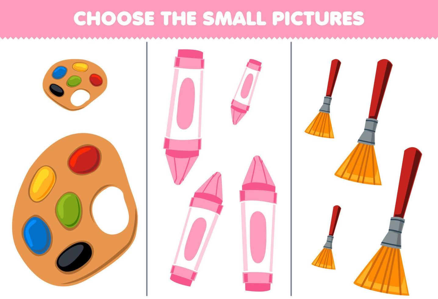 Bildung Spiel zum Kinder wählen das klein Bild von süß Karikatur Palette Wachsmalstift Bürste druckbar Werkzeug Arbeitsblatt vektor