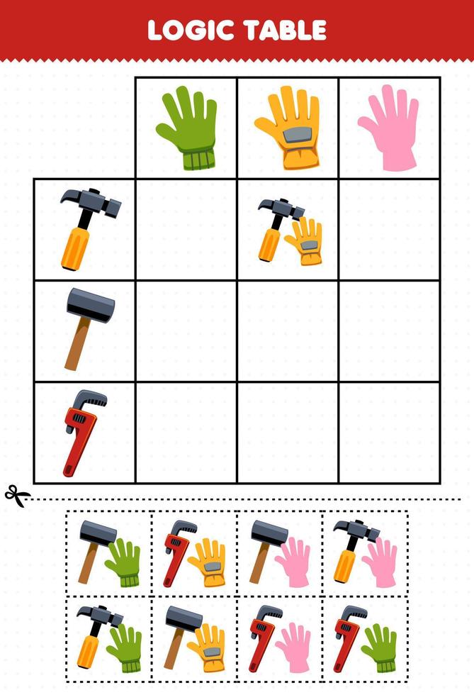 utbildning spel för barn logik tabell tecknad serie hammare rycka match med korrekt handske tryckbar verktyg kalkylblad vektor