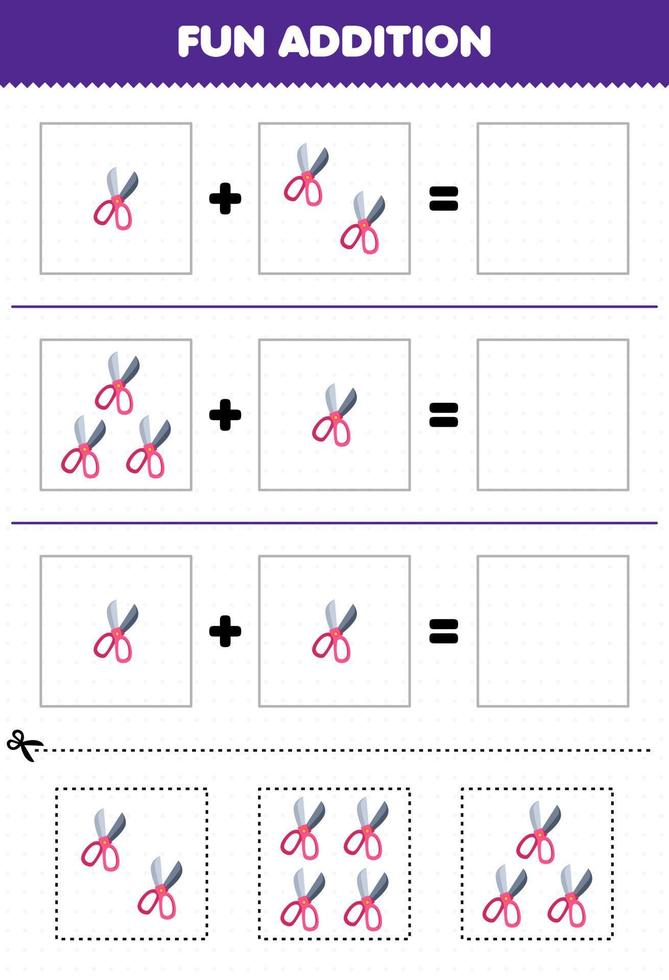 Bildung Spiel zum Kinder Spaß Zusatz durch Schnitt und Spiel von süß Karikatur Schere Bilder zum druckbar Werkzeug Arbeitsblatt vektor