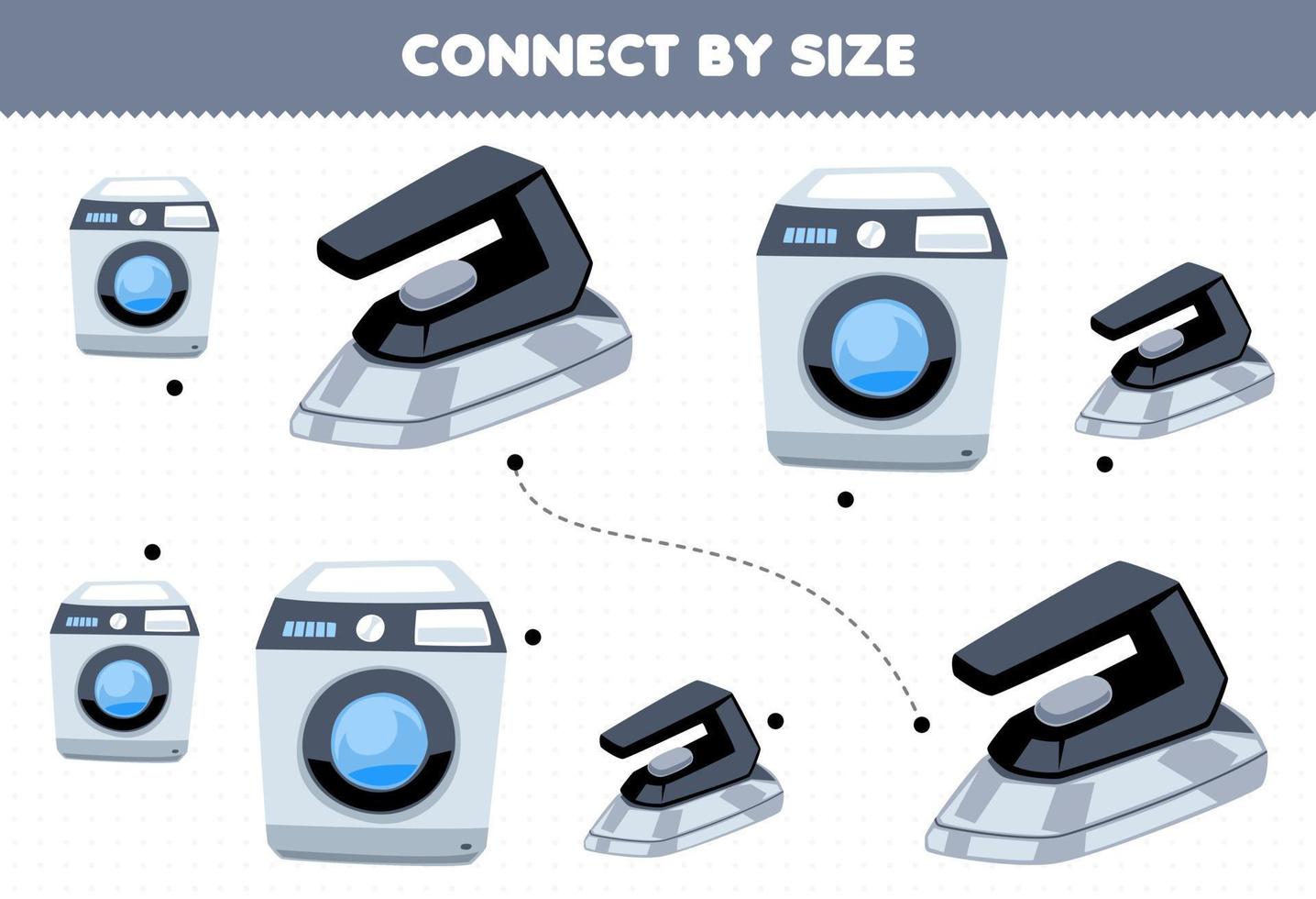 pedagogisk spel för barn ansluta förbi de storlek av söt tecknad serie tvättning maskin och järn tryckbar verktyg kalkylblad vektor