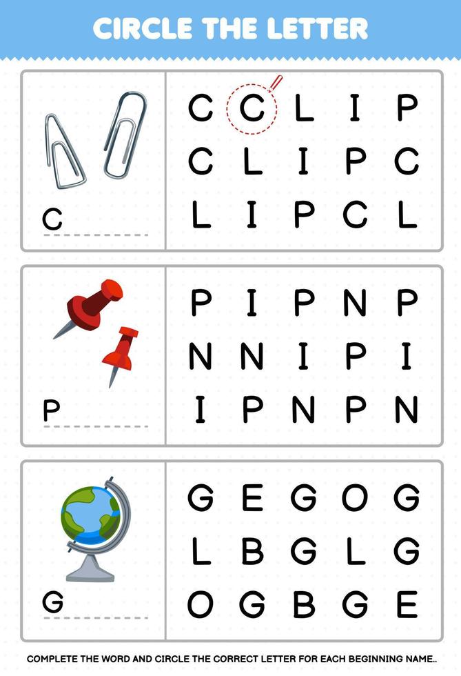 utbildning spel för barn cirkel de början brev från söt tecknad serie klämma stift klot tryckbar verktyg kalkylblad vektor