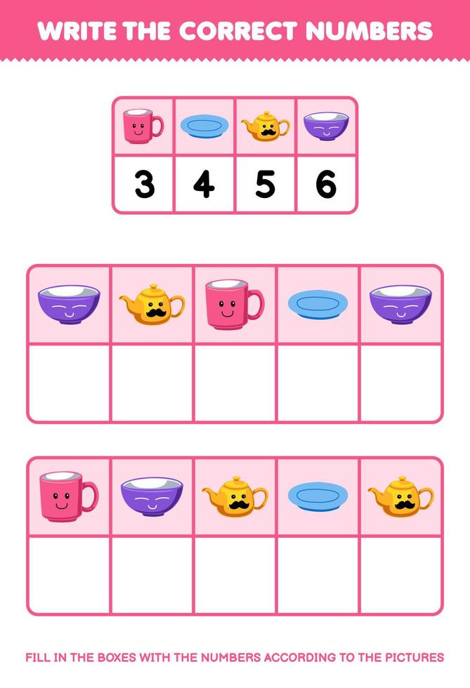 Bildung Spiel zum Kinder schreiben das richtig Zahlen im das Box gemäß zu das süß Becher Teller Teekanne Schüssel Bilder auf das Tabelle druckbar Werkzeug Arbeitsblatt vektor