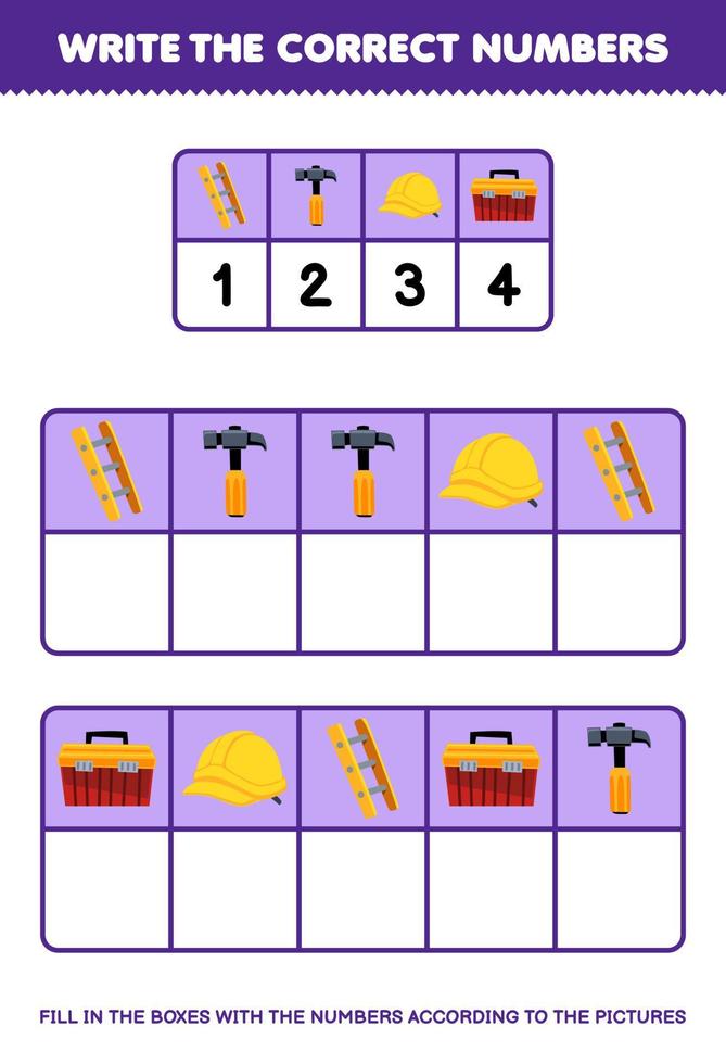 Bildung Spiel zum Kinder schreiben das richtig Zahlen im das Box gemäß zu das süß Leiter Hammer Helm Werkzeugkasten Bilder auf das Tabelle druckbar Werkzeug Arbeitsblatt vektor