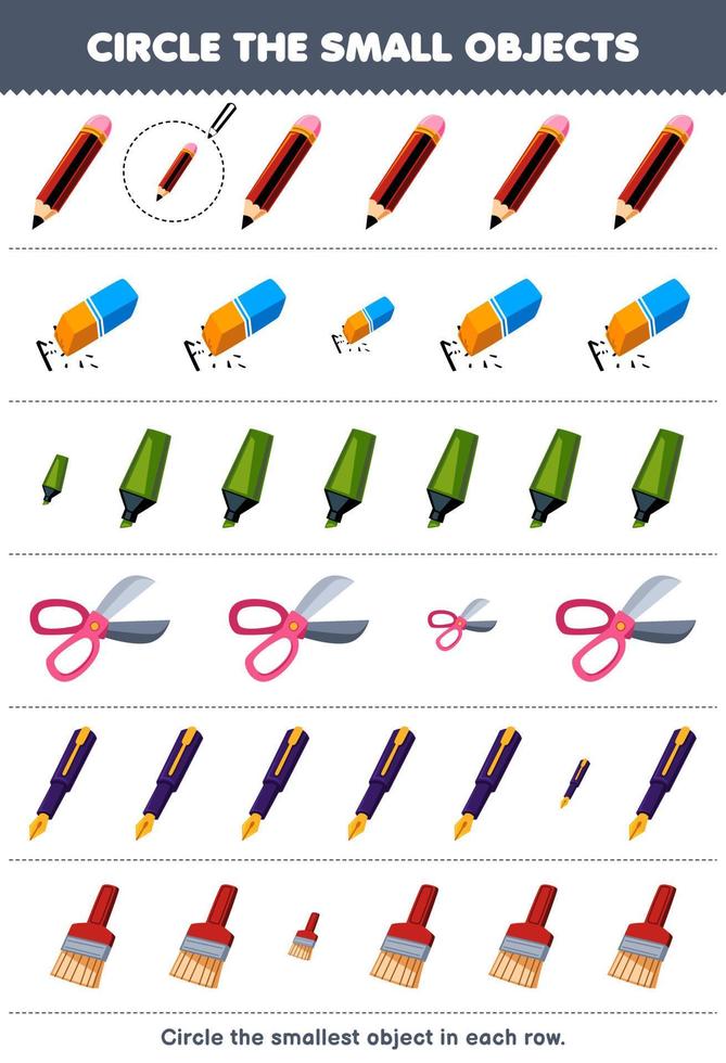 Bildung Spiel zum Kinder Kreis das kleinste Objekt im jeder Reihe von süß Karikatur Bleistift Radiergummi Marker Schere Stift Bürste druckbar Werkzeug Arbeitsblatt vektor