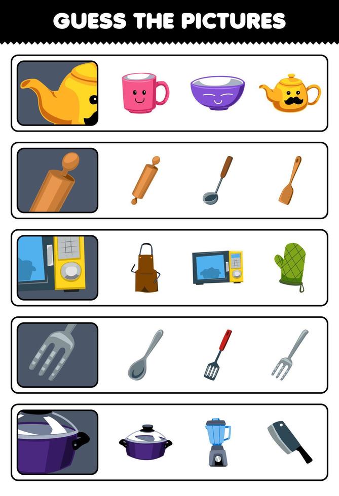utbildning spel för barn gissa de korrekt bilder av söt tecknad serie tekanna rullande stift mikrovågsugn gaffel pott tryckbar verktyg kalkylblad vektor