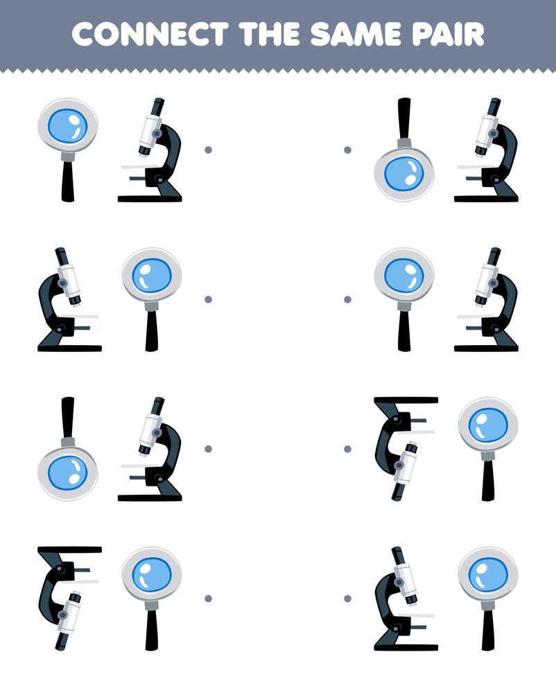 Bildung Spiel zum Kinder verbinden das gleich Bild von süß Karikatur Lupe und Mikroskop Paar druckbar Werkzeug Arbeitsblatt vektor
