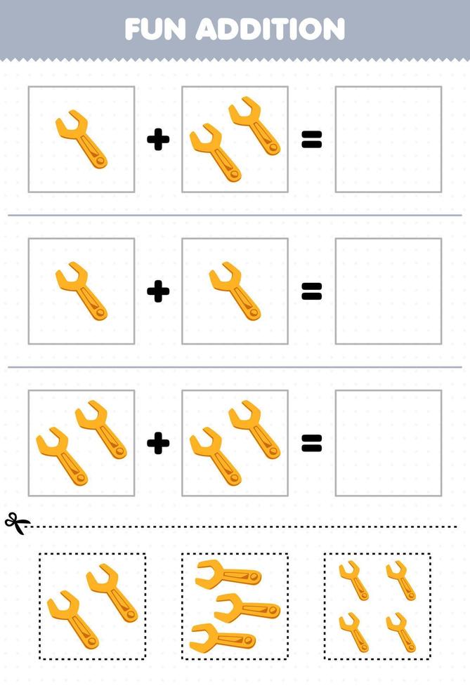 utbildning spel för barn roligt tillägg förbi skära och match av söt tecknad serie rycka bilder för tryckbar verktyg kalkylblad vektor