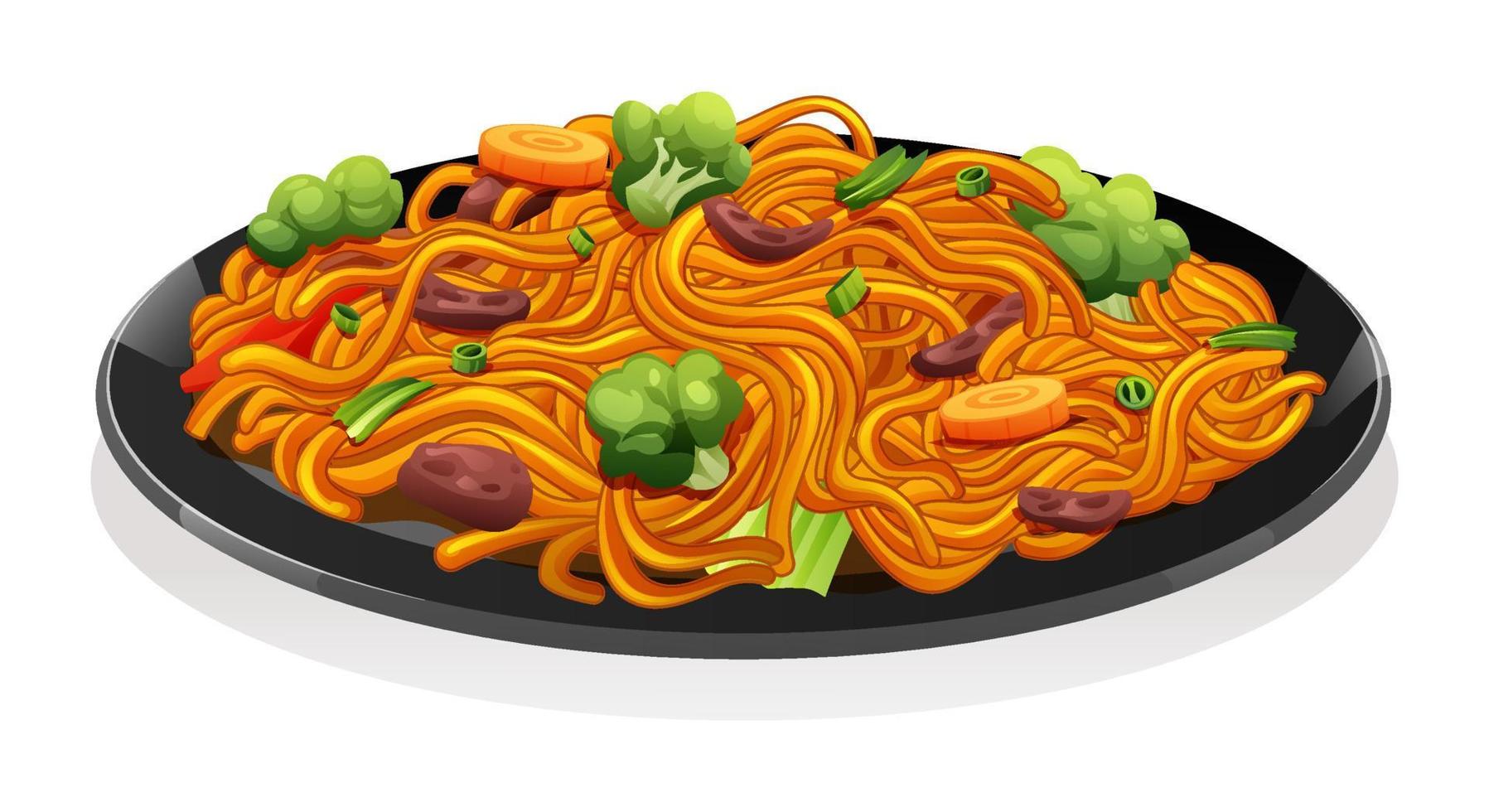gebraten Nudeln mit Fleisch und Gemüse. Chinesisch Essen Vektor Illustration