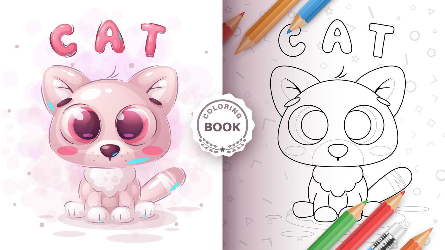 färg bok tecknad serie karaktär förtjusande katt, Söt djur- aning för skriva ut t-shirt, affisch och barn kuvert, vykort. söt hand dragen stil pott vektor