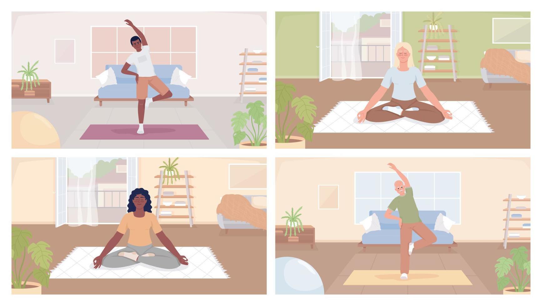 mindfulness öva på Hem platt Färg vektor illustration uppsättning. människor utövar på yoga mattor. fullt redigerbar 2d enkel tecknad serie tecken samling med mysigt levande rum interiörer på bakgrund