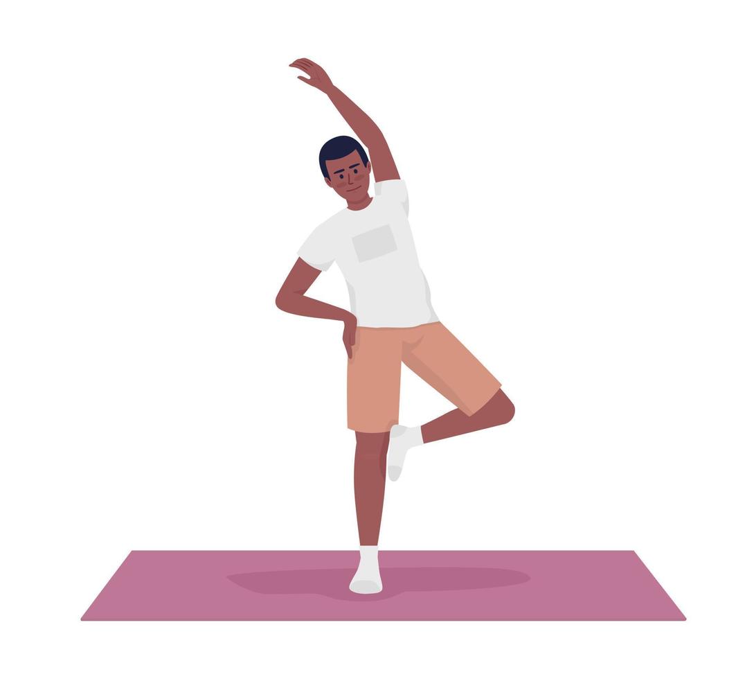 ung man stretching ärm och stående på yoga matta semi platt Färg vektor karaktär. redigerbar figur. full kropp person på vit. enkel tecknad serie stil illustration för webb grafisk design och animering