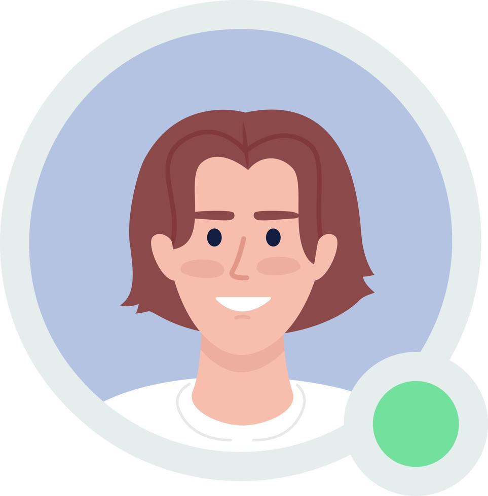 Lycklig kille med ridå frisyr platt vektor avatar ikon med grön punkt. redigerbar standard persona för ux, ui design. profil karaktär bild med uppkopplad status. färgrik meddelandehantering app användare bricka