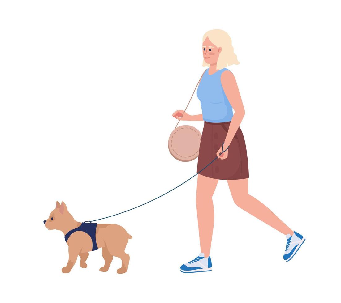 Söt ung kvinna promenader med små hund semi platt Färg vektor karaktär. redigerbar figur. full kropp person på vit. enkel tecknad serie stil illustration för webb grafisk design och animering