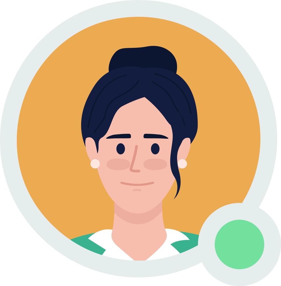 kvinna med bulle frisyr platt vektor avatar ikon med grön punkt. redigerbar standard persona för ux, ui design. profil karaktär bild med uppkopplad status indikator. färgrik meddelandehantering app användare bricka