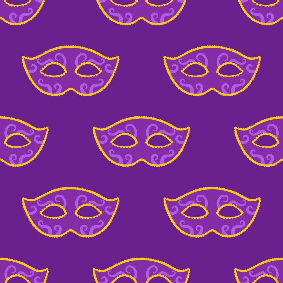 Vektor Karneval gras nahtlos Muster mit lila Karneval Masken. Karneval Masken auf lila Hintergrund. Design zum Fett Dienstag Karneval und Festival. bunt Muster.
