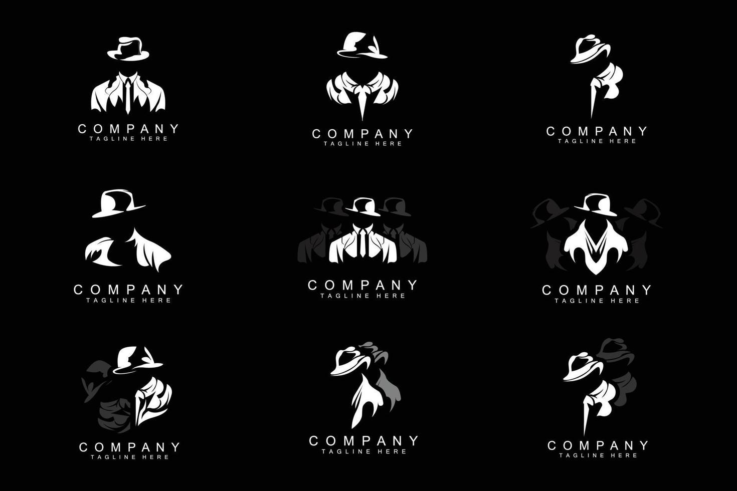 detektiv- man logotyp design, maffia detektiv- mode smoking och hatt illustration vektor, svart man affärsman ikon vektor