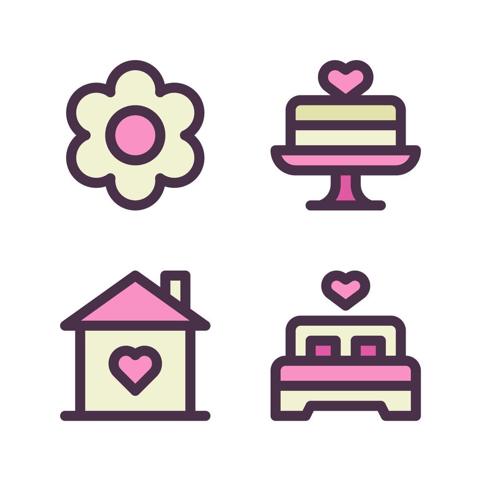 Romantik Symbole Satz. Blume, Kuchen, heim, Schlafzimmer. perfekt zum Webseite Handy, Mobiltelefon Anwendung, App Symbole, Präsentation, Illustration und irgendein andere Projekte vektor