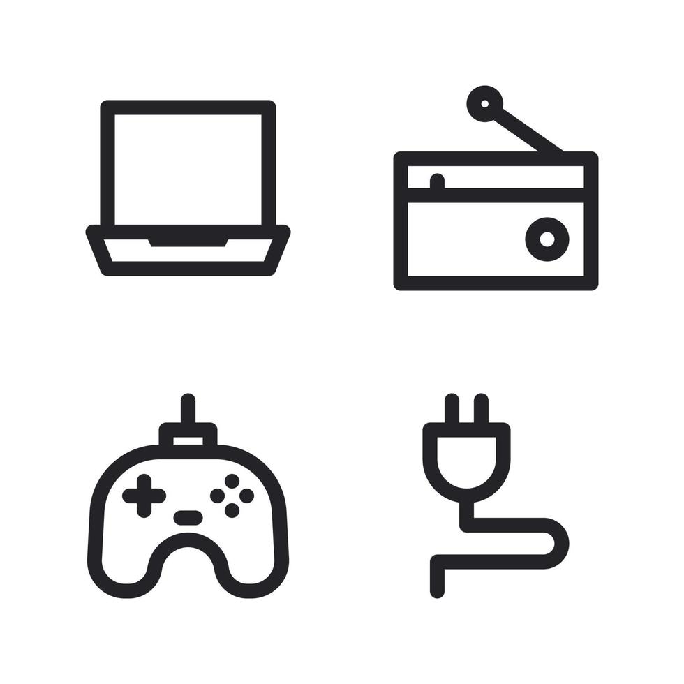 Elektronik Gerät Symbole Satz. Laptop, Radio, Spiel Regler, Stecker Steckdose. perfekt zum Webseite Handy, Mobiltelefon Anwendung, App Symbole, Präsentation, Illustration und irgendein andere Projekte vektor