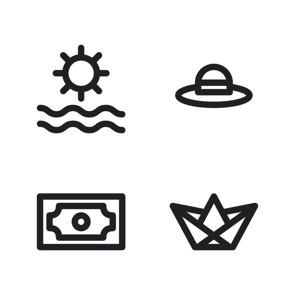 Sommer- Urlaub Symbole Satz. Sonne, Hut, Geld, Papier Boot. perfekt zum Webseite Handy, Mobiltelefon Anwendung, App Symbole, Präsentation, Illustration und irgendein andere Projekte vektor