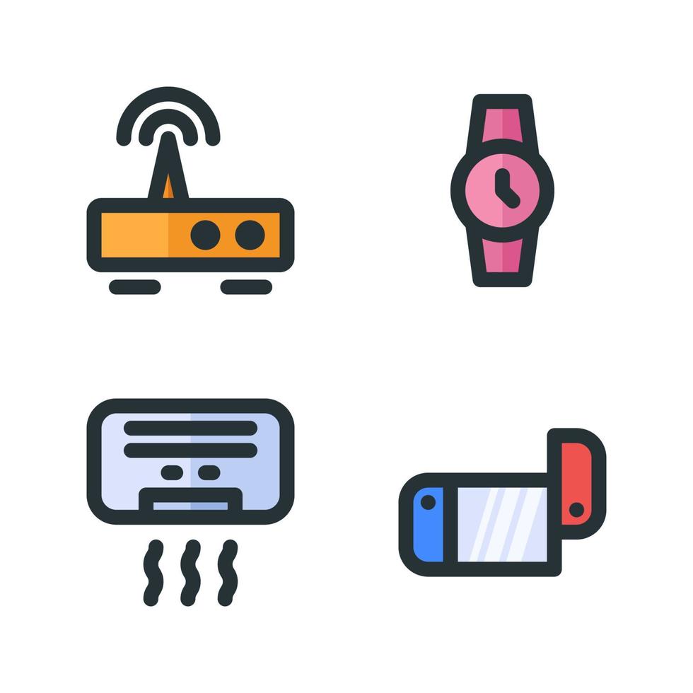 Elektronik Gerät Symbole Satz. Modem kabellos, Armbanduhr, Luft Conditioner, Spiel Konsole. perfekt zum Webseite Handy, Mobiltelefon Anwendung, App Symbole, Präsentation, Illustration und irgendein andere Projekte vektor