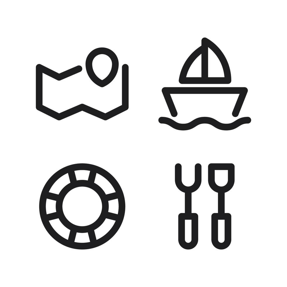 Abenteuer Symbole Satz. Karte Stift, Boot, Rettungsring, Grill Ausrüstung. perfekt zum Webseite Handy, Mobiltelefon Anwendung, App Symbole, Präsentation, Illustration und irgendein andere Projekte vektor