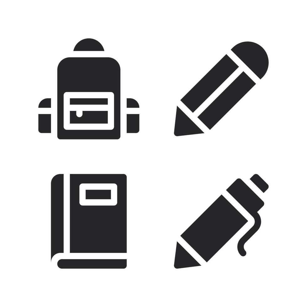 Bildung Symbole Satz. Rucksack, Bleistift, Buch, Stift. perfekt zum Webseite Handy, Mobiltelefon Anwendung, App Symbole, Präsentation, Illustration und irgendein andere Projekte vektor