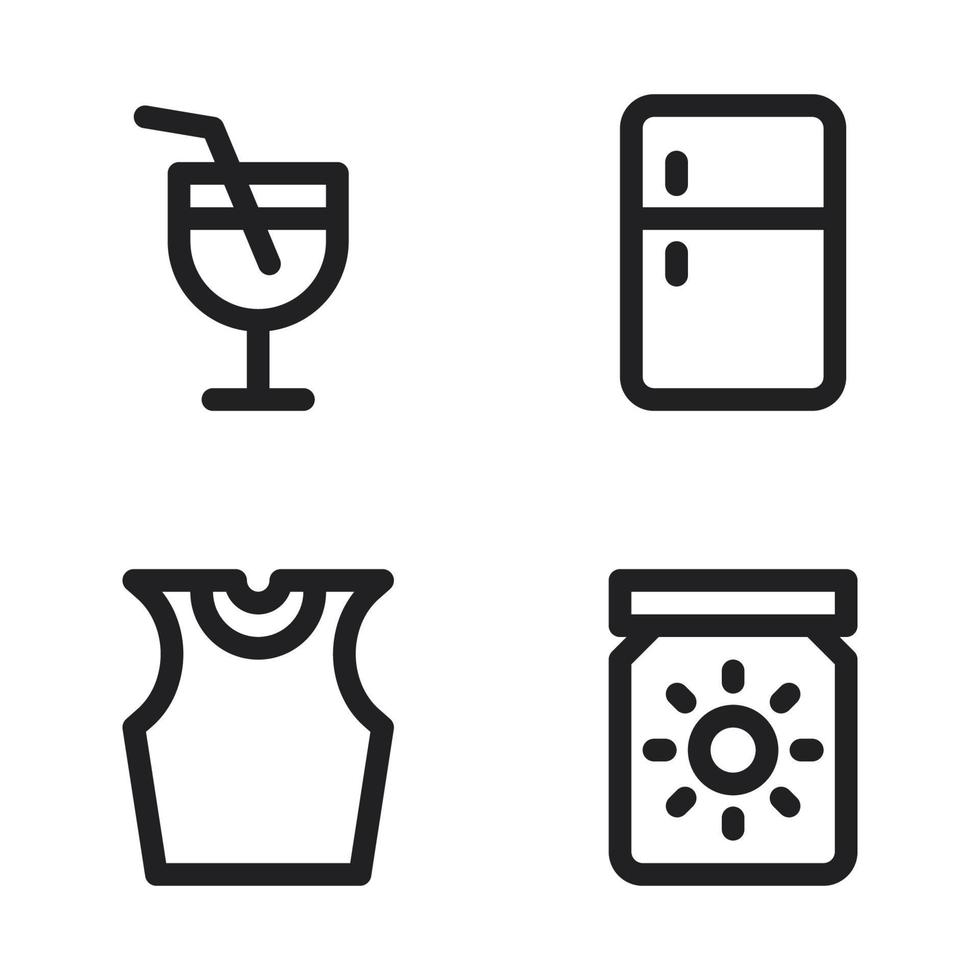 Sommer- Urlaub Symbole Satz. trinken, Kühlschrank, Panzer Spitze, Sonne Block. perfekt zum Webseite Handy, Mobiltelefon Anwendung, App Symbole, Präsentation, Illustration und irgendein andere Projekte vektor