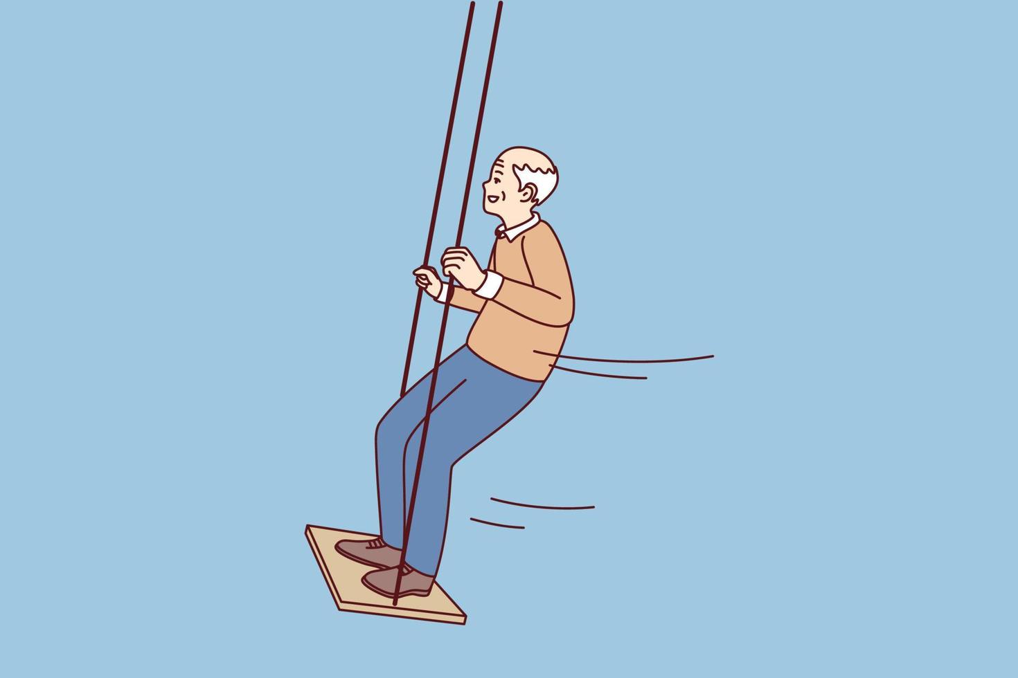 Lycklig energisk gammal man ha roligt på gunga njut av mognad. leende mogna farfar svängande utomhus visa aktivitet och energi på pension. vektor illustration.