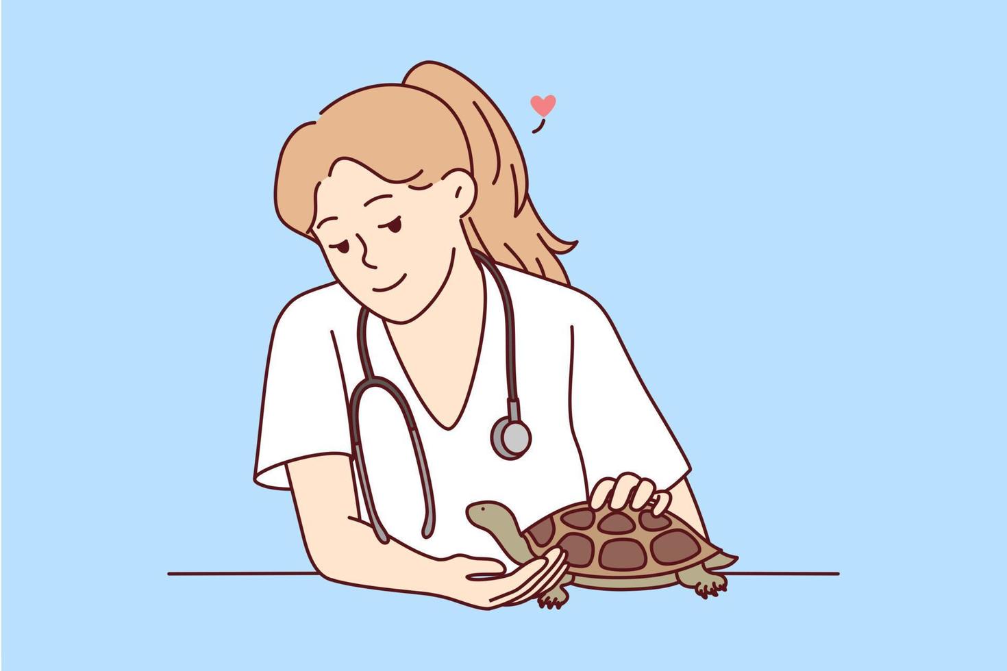 lächelnd weiblich Tierarzt nehmen Pflege von Schildkröte im Krankenhaus. glücklich Frau Tierarzt Arzt heilen klein inländisch Haustier im Klinik. Vektor Illustration.