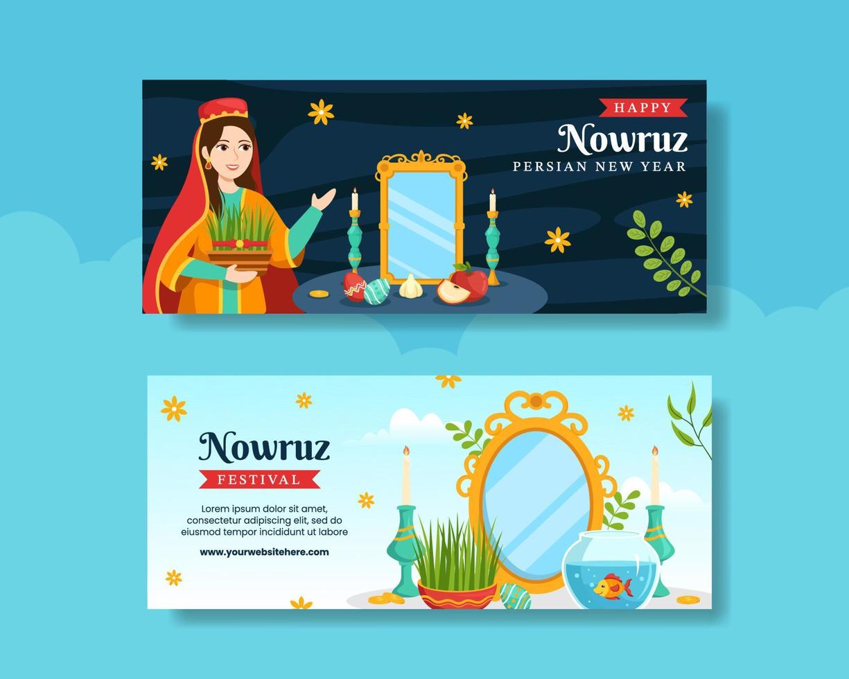 Lycklig Nowruz dag horisontell baner platt tecknad serie hand dragen mallar bakgrund illustration vektor