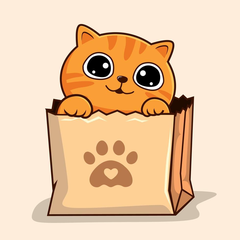 tabby katt i handla väska - randig orange katt dölja i papper väska vinka hand tassar vektor