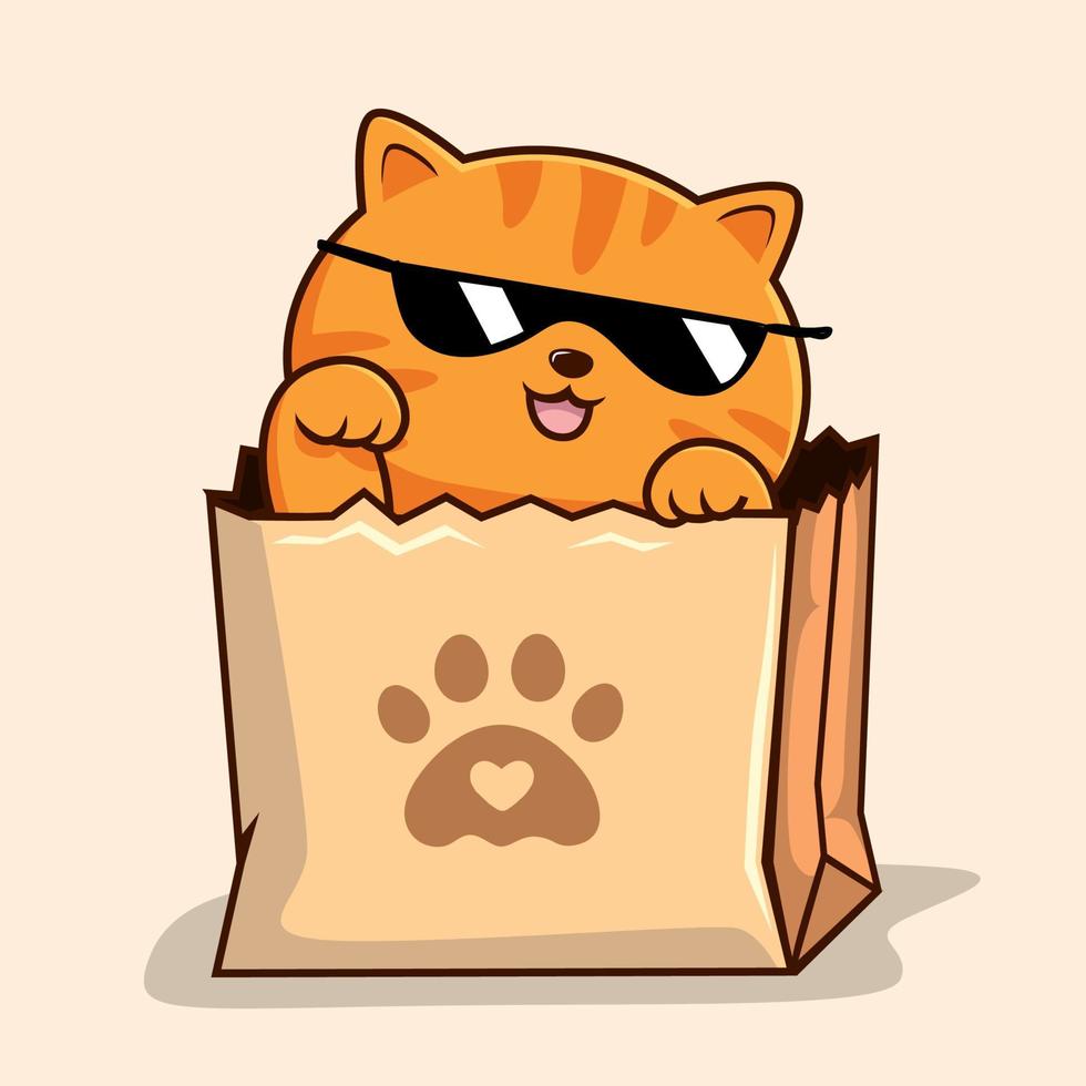 Tabby Katze im Einkaufen Tasche - - gestreift Orange Katze mit Sonnenbrille im Papier Tasche winken Hand Pfoten vektor