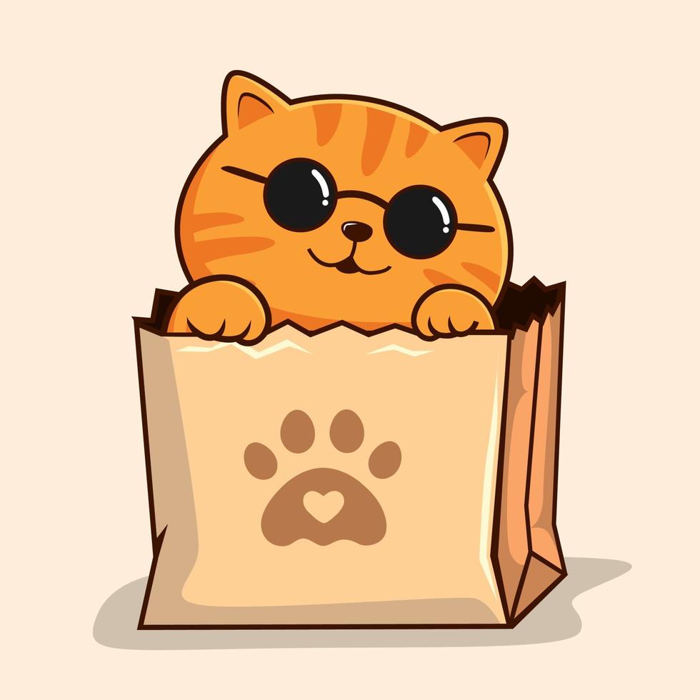tabby katt i handla väska - randig orange katt med cirkel glasögon i papper väska vinka hand tassar vektor