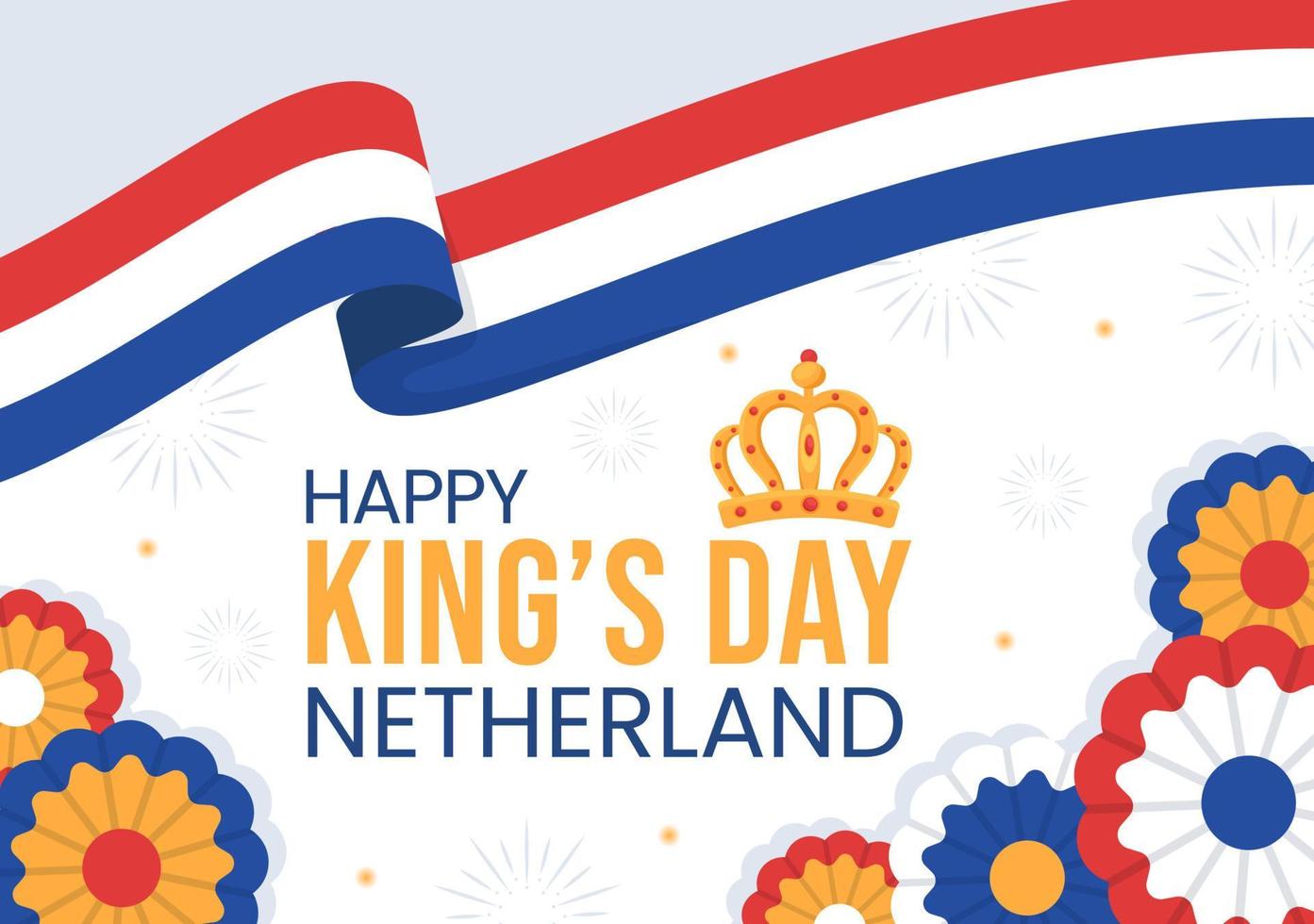 Lycklig kungar nederländerna dag illustration med vinka flaggor och kung firande för webb baner eller landning sida i platt tecknad serie hand dragen mallar vektor