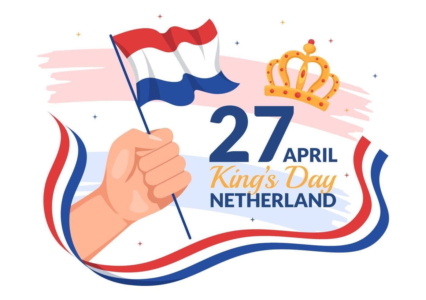 glücklich Könige Niederlande Tag Illustration mit winken Flaggen und König Feier zum Netz Banner oder Landung Seite im eben Karikatur Hand gezeichnet Vorlagen vektor